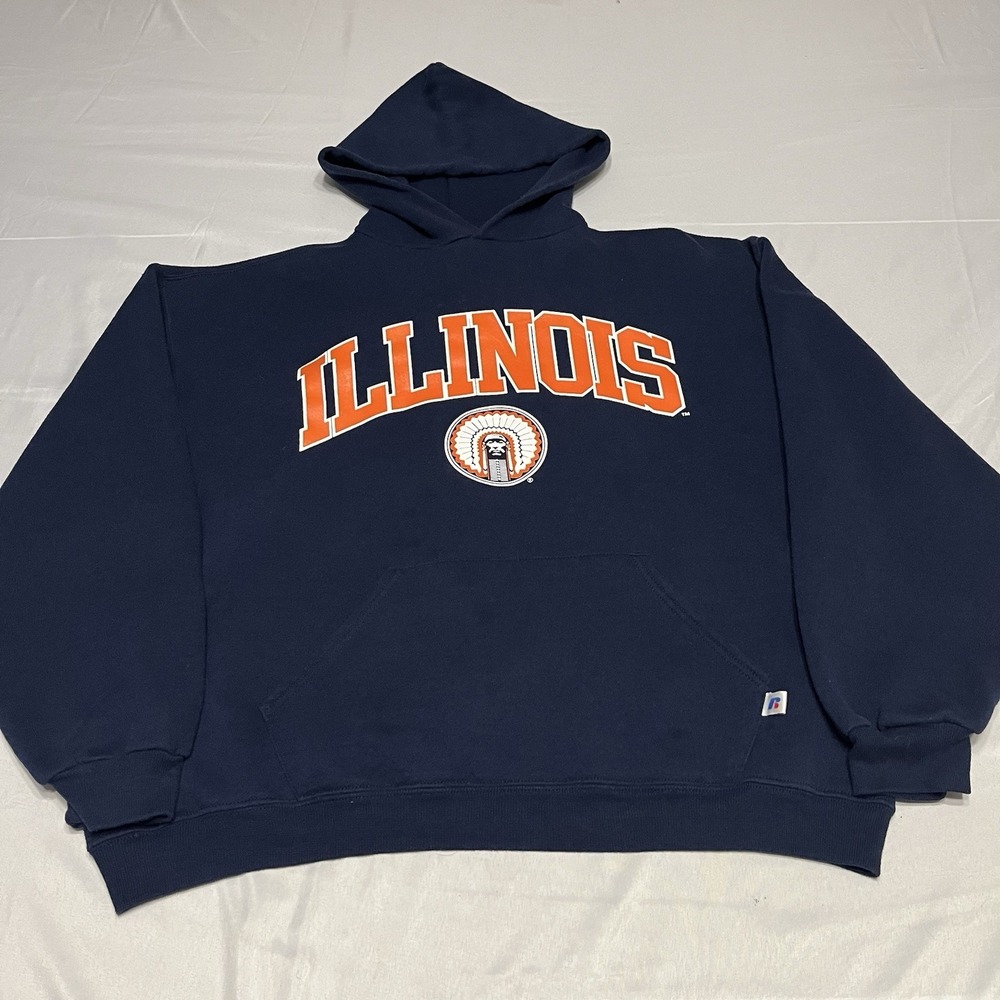 Vintage Russell Athletic Hoodie Size XL Illinois Fighting Illini Navy Blue Y2K